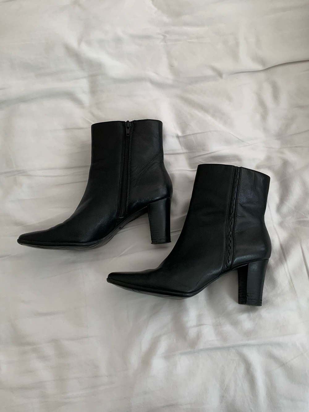 Black Leather Ankle Boots - Women's Zip Heeled Booties